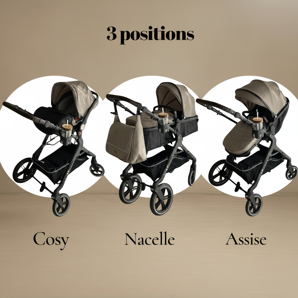 3 positions avec les mêmes poussettes dans des bulles