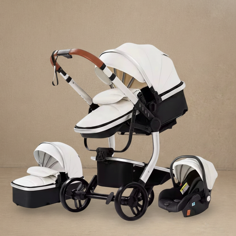 Poussette 3-en-1 blanche sur fond béton