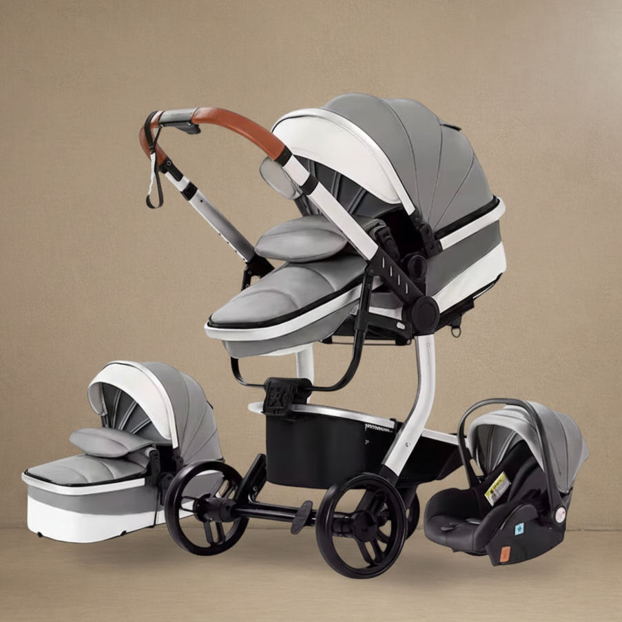 Poussette 3-en-1 grise sur fond béton