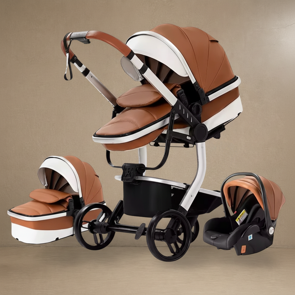 Poussette 3-en-1 marron sur fond béton