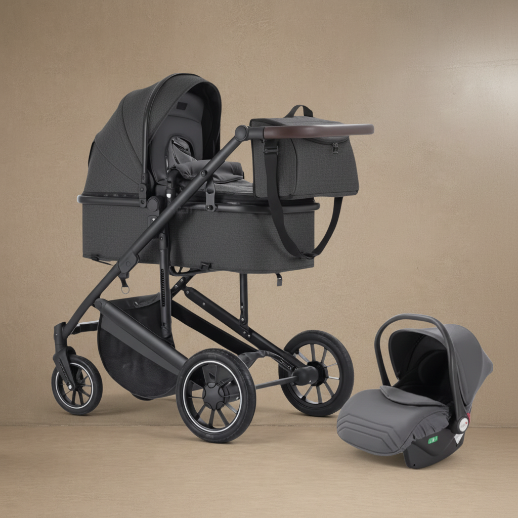 Poussette grise 3-en-1 sur fond beige