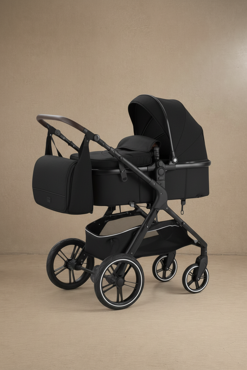 Poussette noire sur fond béton ciré