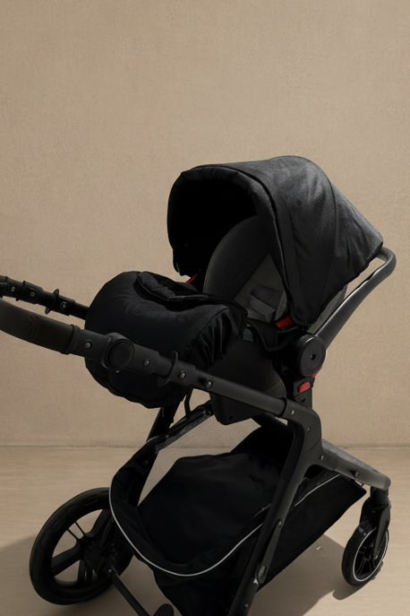 Poussette noire sur fond beige